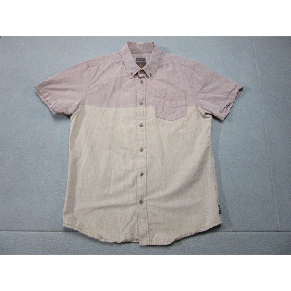 prAna Shirt Mens Medium Beige Purple Two Tone Slim Fit Short Sleeve Button Down